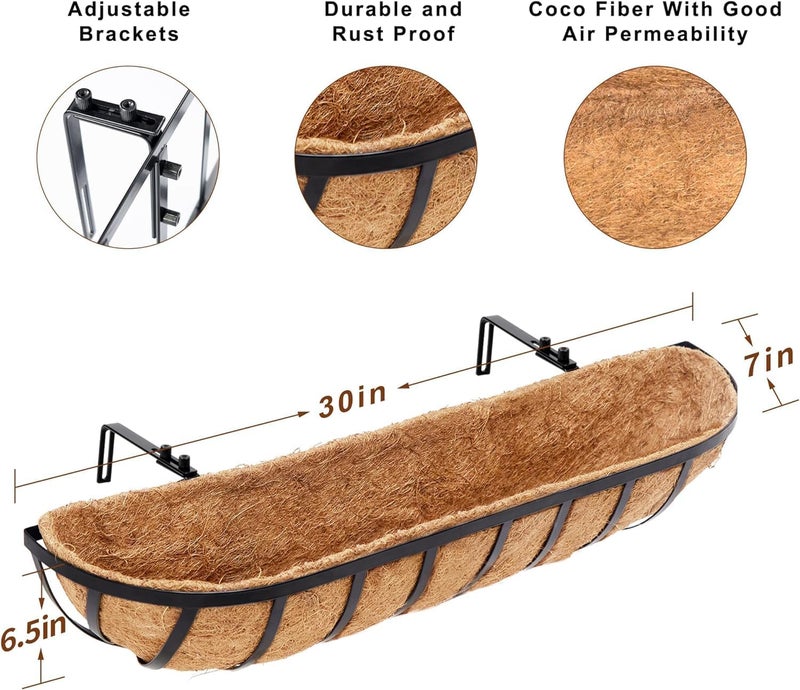 YM 30 Inch Window Deck with Coco Liner, 30" Window Boxes Horse Trough with Coconut Coir Liner, Fence Metal Hanging Flower Planter Window Basket Deck Railing Planter Boxes for Outdoor Garden Lawn, 2pcs - Image 2